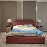 Wingback Leather Bed with Channel-Tufted Headboard and High-Gloss Wood Side Panels